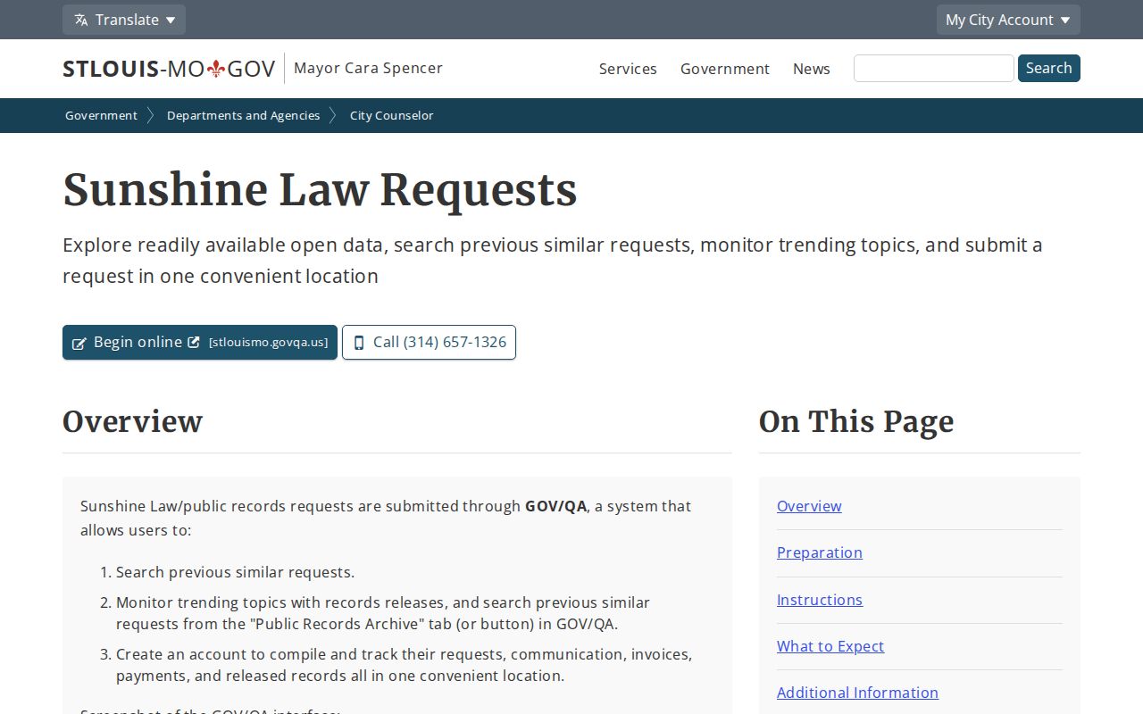 Official St. Louis City Sunshine Law and GOVQA arrest-record request instructions