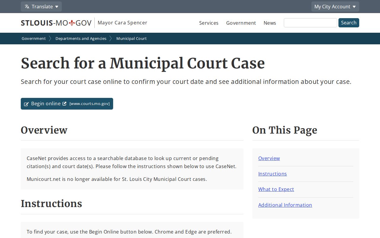 St. Louis City Municipal Division instructions for finding court violations in Case.net